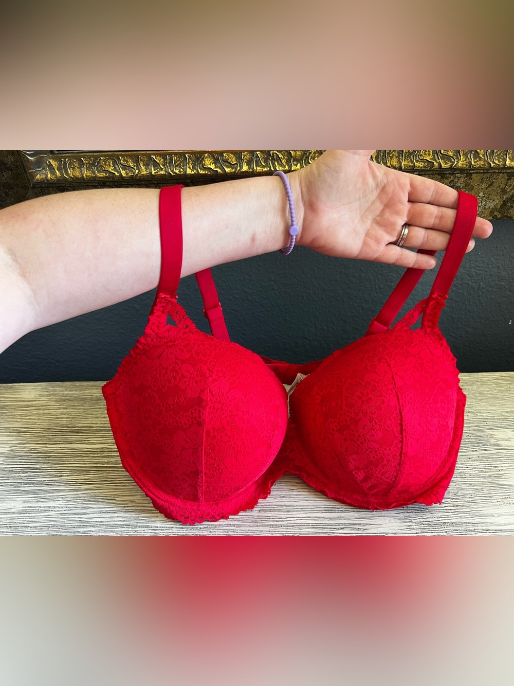 🆕 Victoria's Secret Balconette Red Lace Push-Up Bra with Floral Overlay - Picture 2 of 6